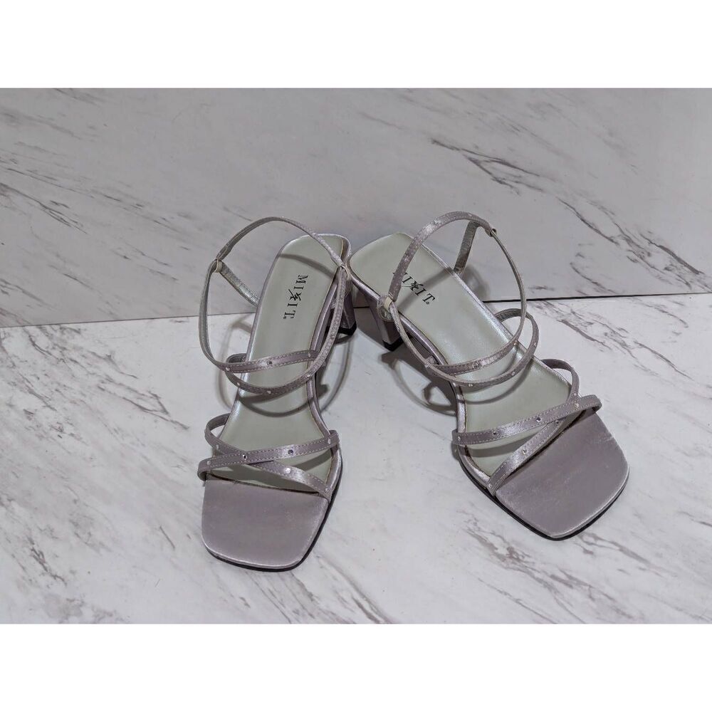 Mixit Women's Silver Satin Strappy Rhinestone Embellished Sandals Size 6 1/2
